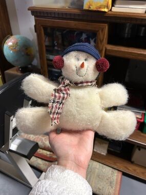 Plush Snowman Toy in White with Blue Hat and Red Ear Muffs